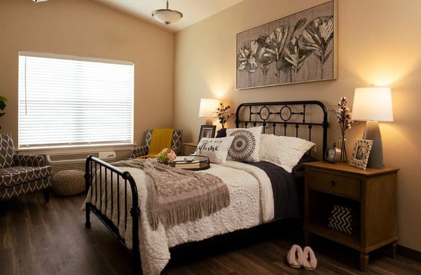 Cozy resident room with bed and decor