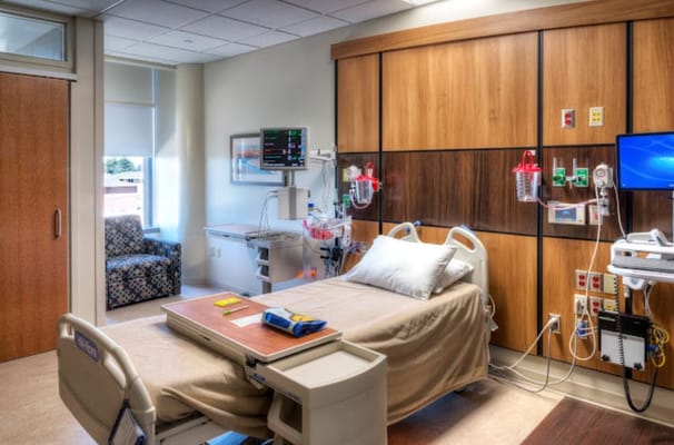 Interior view of a patient room in a care facility