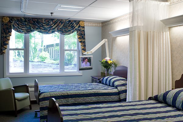 Shared bedroom with two beds, a television, and a view of greenery outside