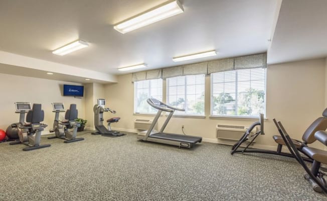 Well-lit fitness room with exercise equipment and large windows