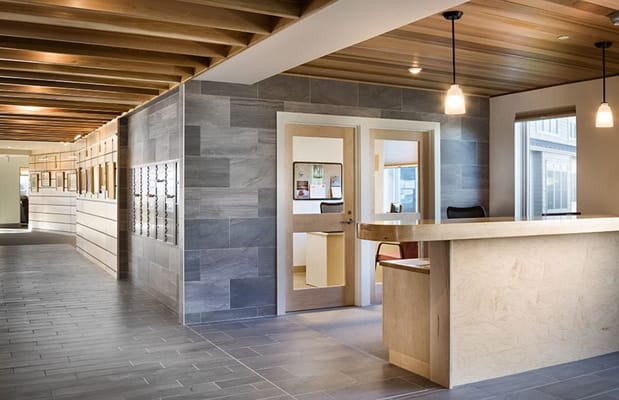 Modern reception area with wood accents