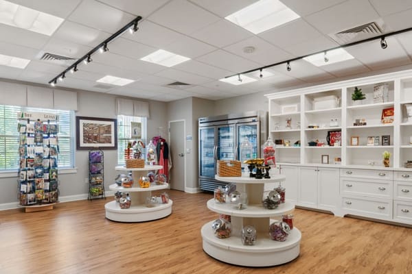 Bright common area with merchandise displays