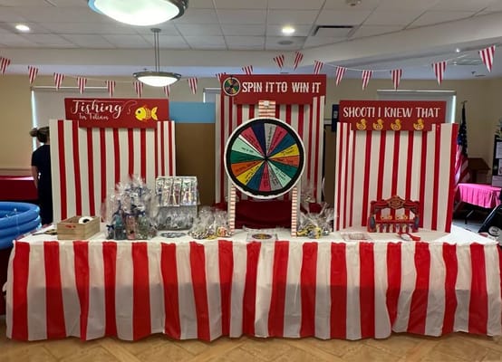 Carnival-themed activity setup with games and prizes