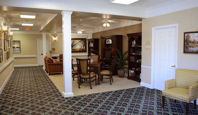 Bright common area with seating and artwork