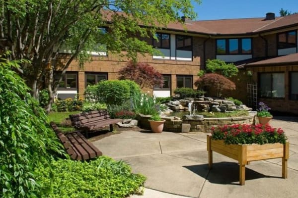Serene outdoor courtyard with benches and greenery