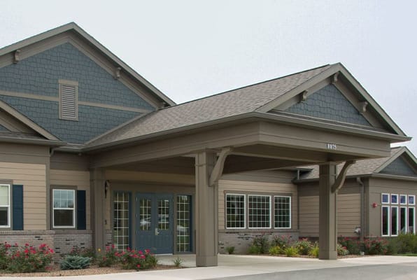 Exterior view of the North Woods Village building entrance