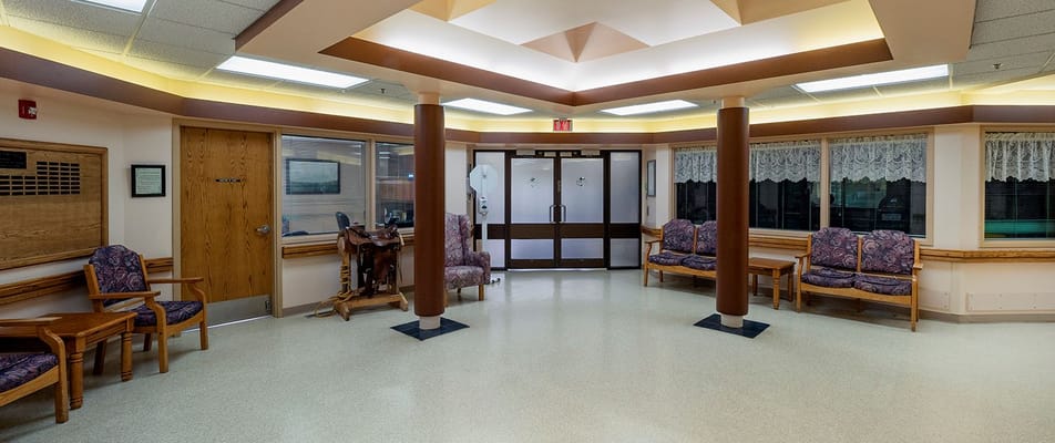Interior common area with seating and natural light