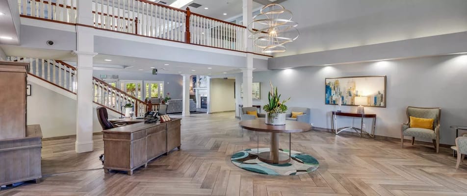 Bright lobby with comfortable seating and reception desk