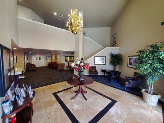 Lobby area of a senior living facility with seating