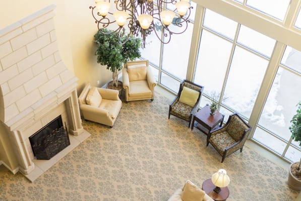 Common area with seating and large windows