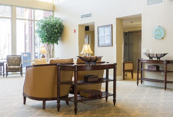 Common area seating in a bright lobby
