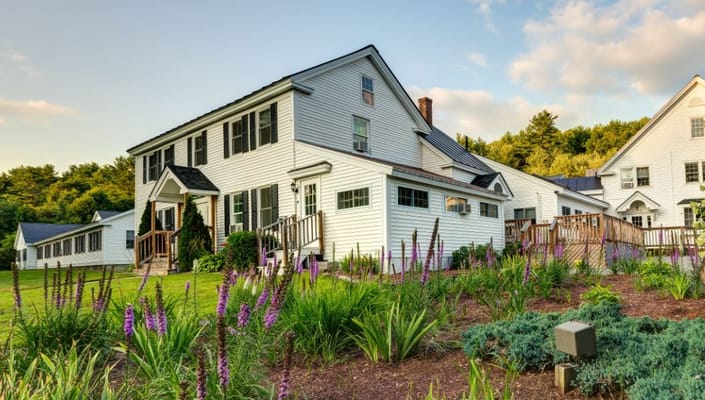 Exterior of Pine View Haven senior living facility surrounded by greenery and flowers.