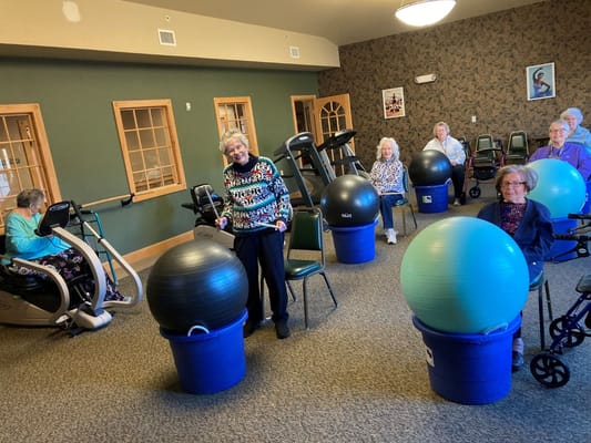 Residents engaging in a fitness activity with stability balls
