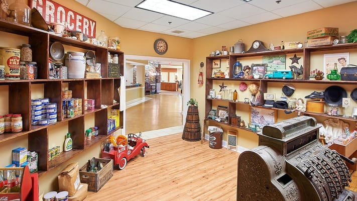 Decorative interior space with vintage items and shelving