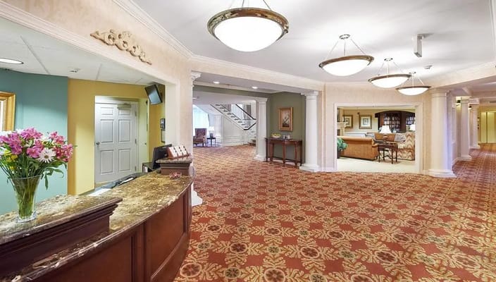 Lobby of a senior living facility with reception area