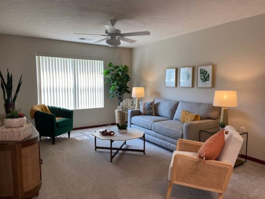 Bright living room with a comfortable sofa and green armchair
