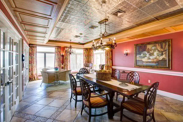 Dining area with elegant decor and seating