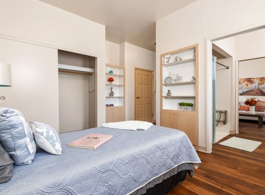 A well-furnished bedroom with a bed, decorative pillows, and shelves.