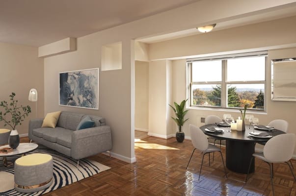 Brightly designed interior living space with dining area