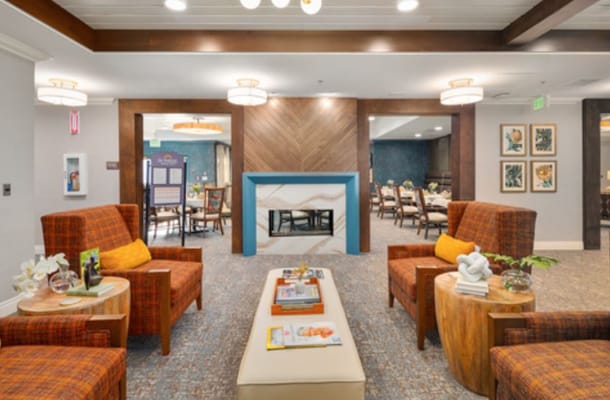 Cozy common area with seating and fireplace