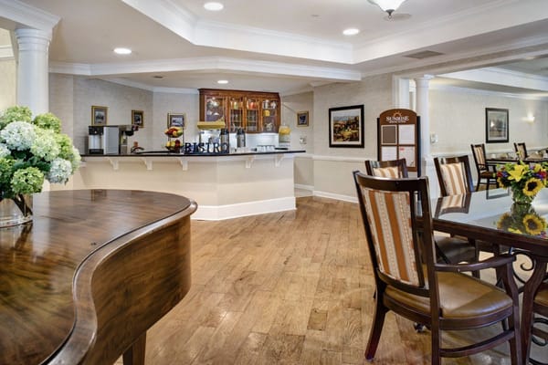 Interior of a common area with seating and a bistro counter