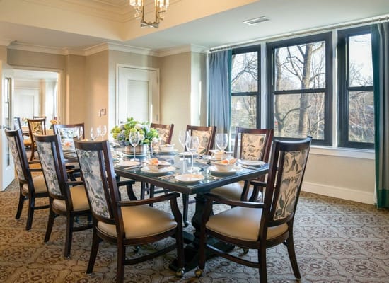 Elegant dining room setup with a large table