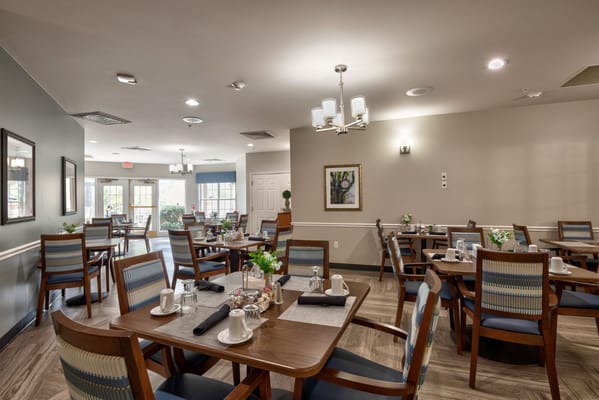 Dining room setup with tables and food service