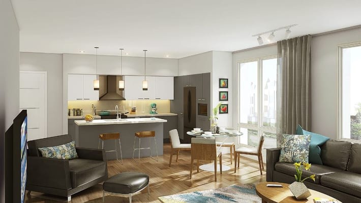 Modern living area with open kitchen and dining space