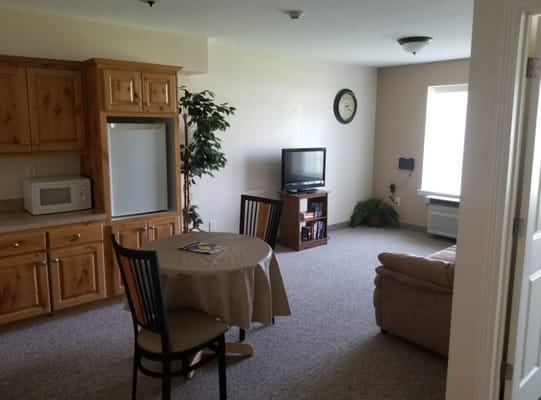 Cozy living room with kitchen area and furnishings