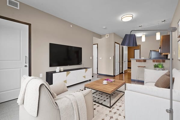 Bright living room with modern furnishings and a television