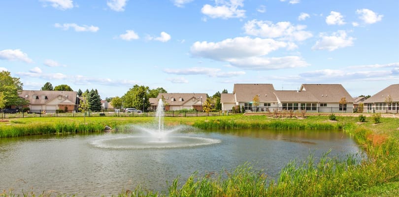 A serene outdoor view with a pond and nearby buildings