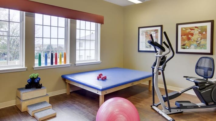 Well-equipped fitness room with exercise equipment and a stability ball