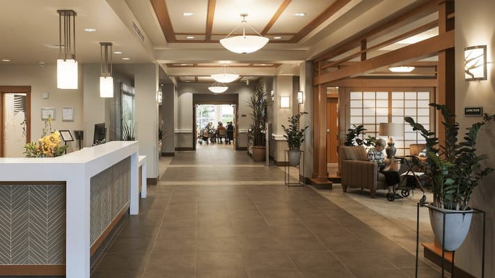 Interior view of the lobby with seating and plants