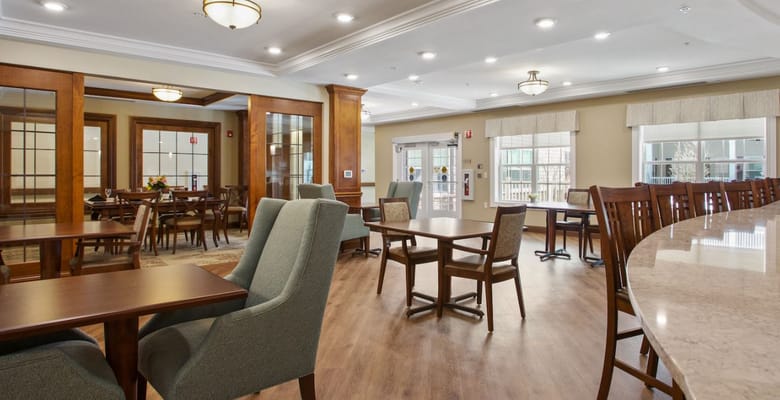 Common area of a senior living facility with seating