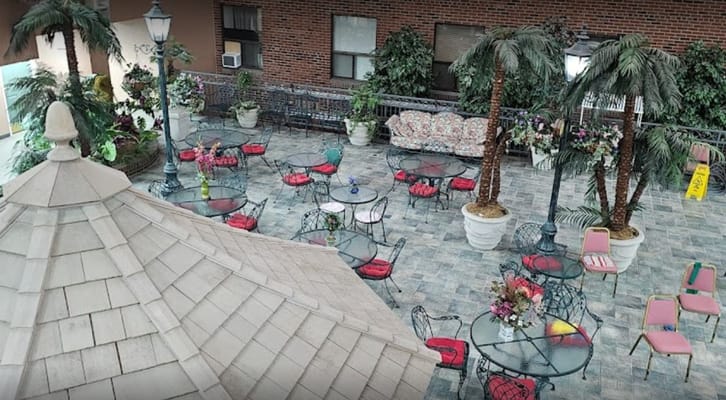 A spacious patio with tables and chairs, surrounded by plants.