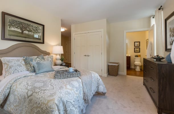 A well-furnished bedroom featuring a comfortable bed and a connected bathroom.