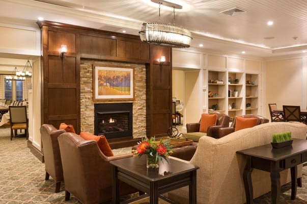 Inviting living room with a fireplace and comfortable seating at The Residence at Orchard Grove.