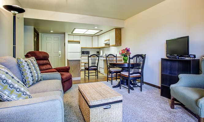 Living room with a sofa, dining area, and kitchen appliances.