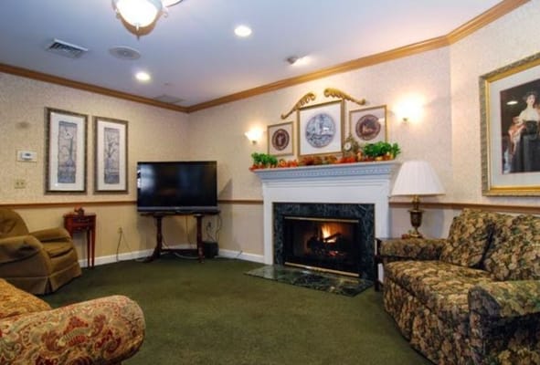 Cozy living room with a fireplace and seating area