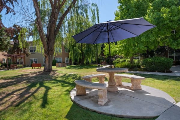 A shaded outdoor seating area with stone benches and a large umbrella
