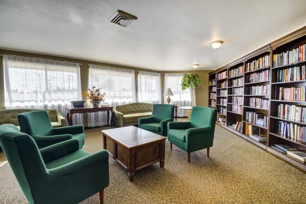 Comfortable lounge area with green chairs and bookshelves