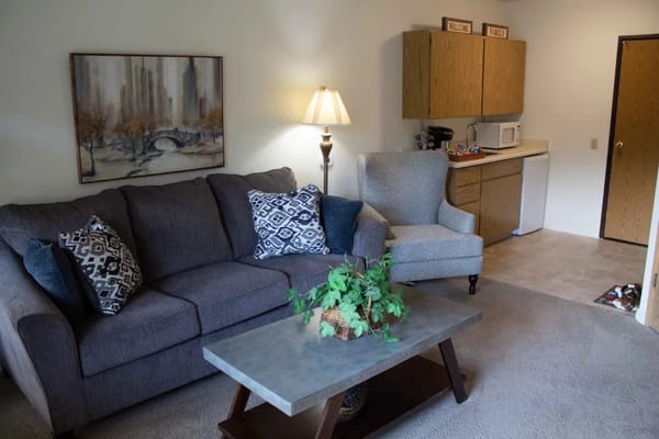 Cozy living room featuring a sofa, armchair, and kitchenette