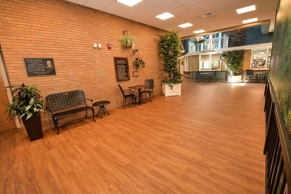 Bright common area with seating and plants