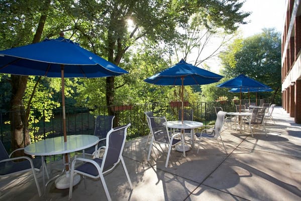 Outdoor patio area with umbrellas and seating