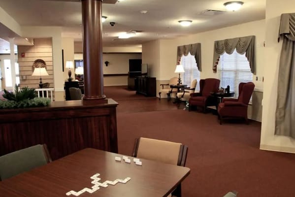 Common area of a senior living facility with seating