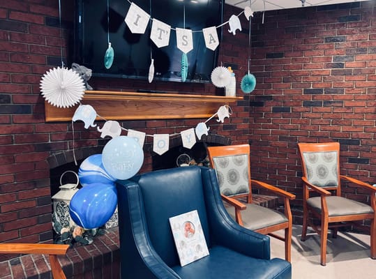 Decorative setup for a celebration in a common area