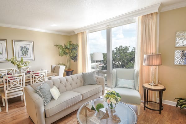 Bright and airy interior living space with furniture and décor