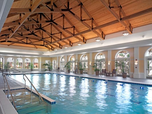 Indoor swimming pool with wooden ceiling and natural light