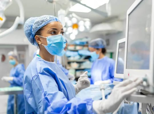 Healthcare professionals in scrubs and masks in a surgical environment.