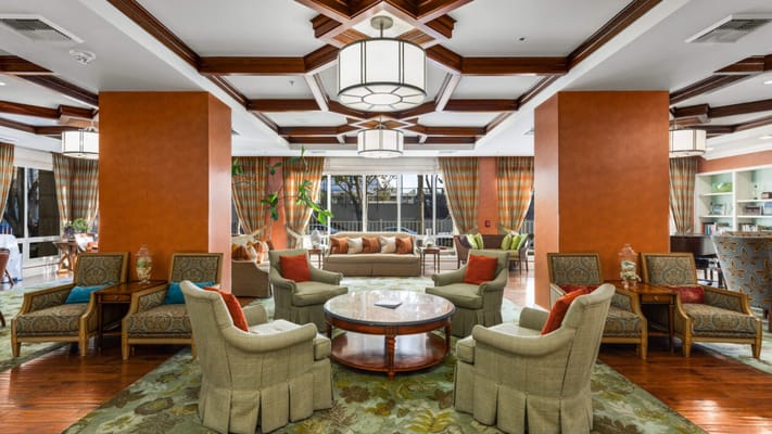 Cozy lounge area with comfortable seating and decorative curtains